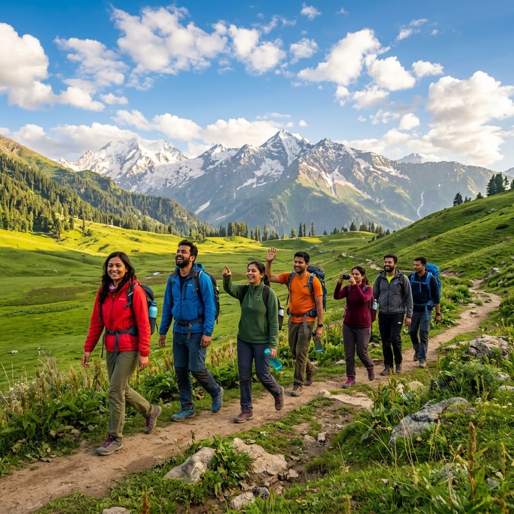 Happy travelers exploring the mountains of Kashmir